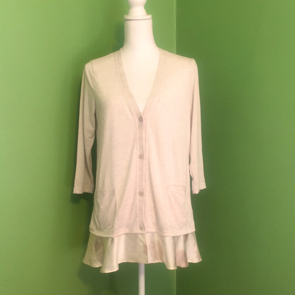 SOFT SURROUNDING beige cardigan‎ with silk peplum. Size S